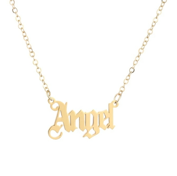 Gold ANGEL Old English Word Pendant Necklace Statement Chain Message Jewelry - Picture 2 of 2